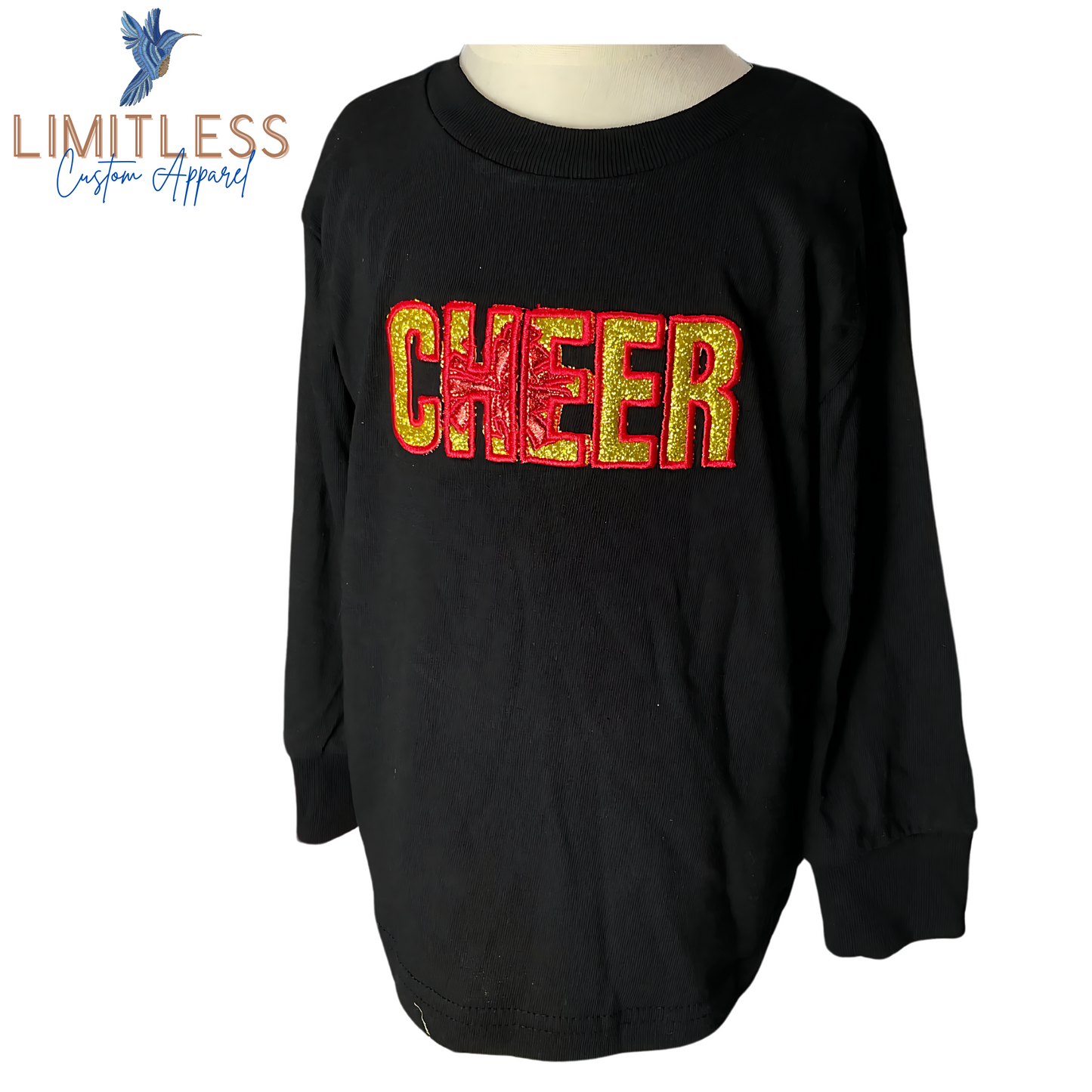 Cheer Embroidered Long Sleeve T Shirt- Glitter Applique