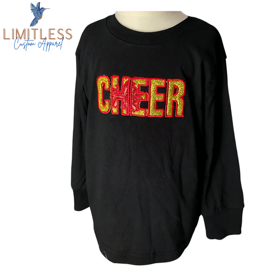 Cheer Embroidered Long Sleeve T Shirt- Glitter Applique