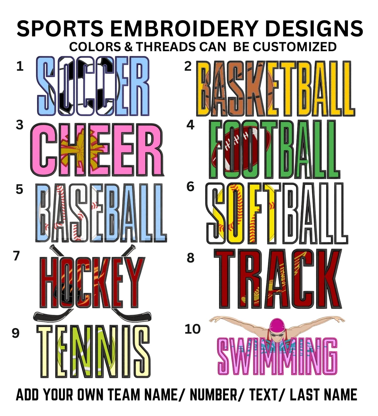 Sports Embroidery Custom Designs - select your garment and team colors